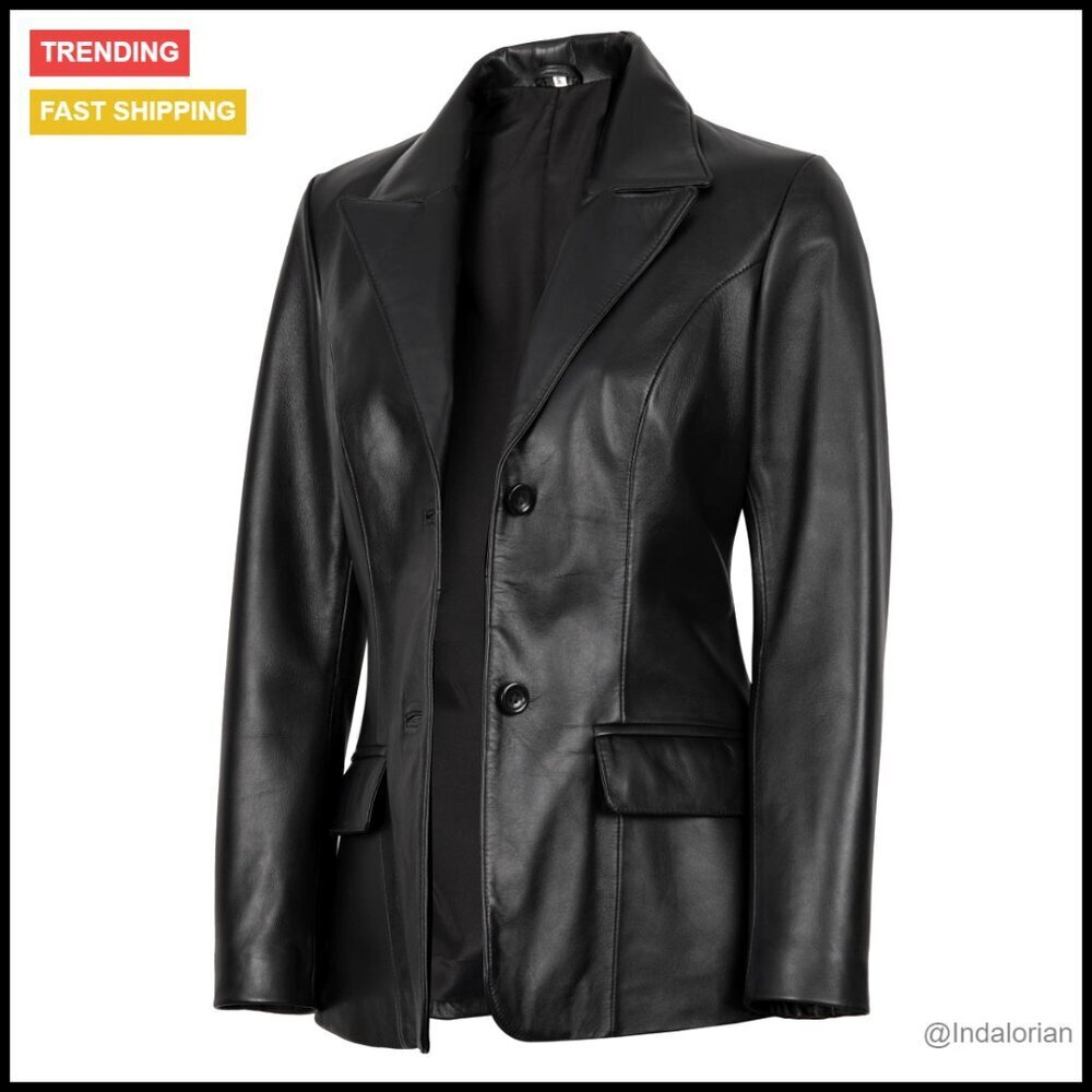 Real Lambskin Leather Blazer - Notched Lapel Workwear Jacket Women